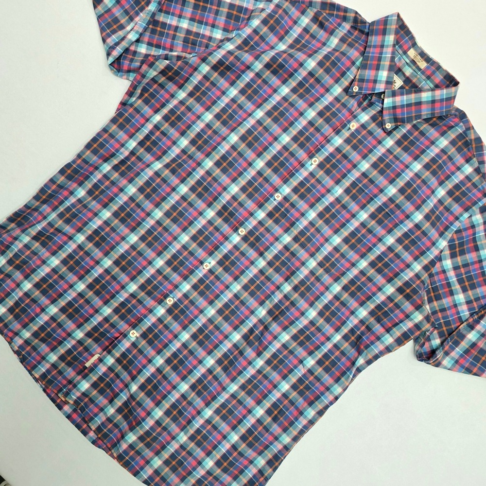 Peter Millar Mens XL Plaid Button Down Shirt Cotton Navy Pink MF13W11CBL